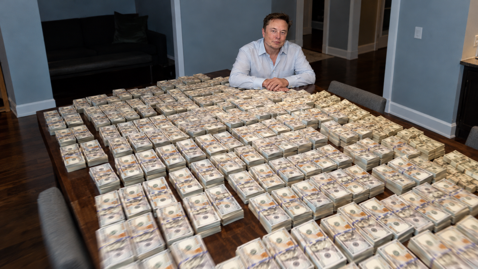 A vast table of bundled cash in a dim blue-grey room
