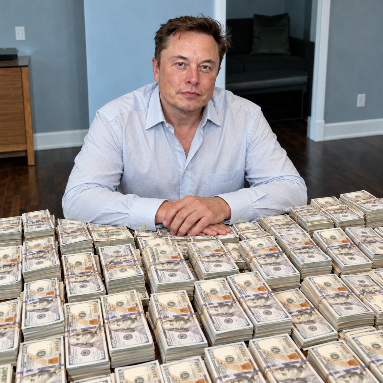 Photographic portrait of Elon Musk behind a table of cash